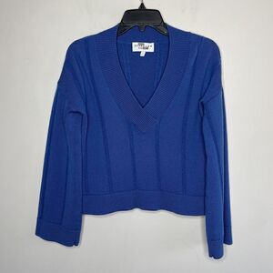 DEREK LAM Sweater Womens Small S Military Blue 100% Wool Pullover V-Neck Crop